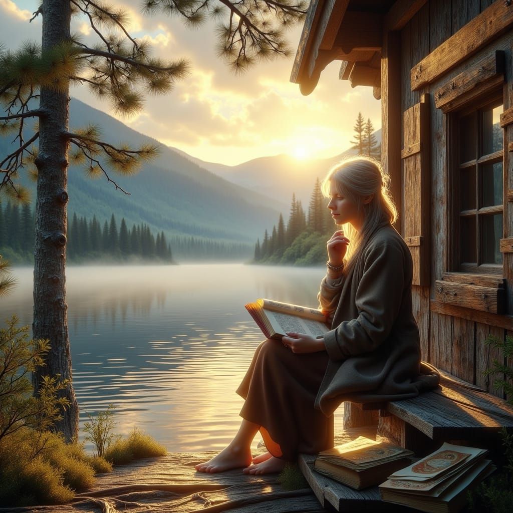 Breton Woman Reflects by Mountain Lake at Sunset