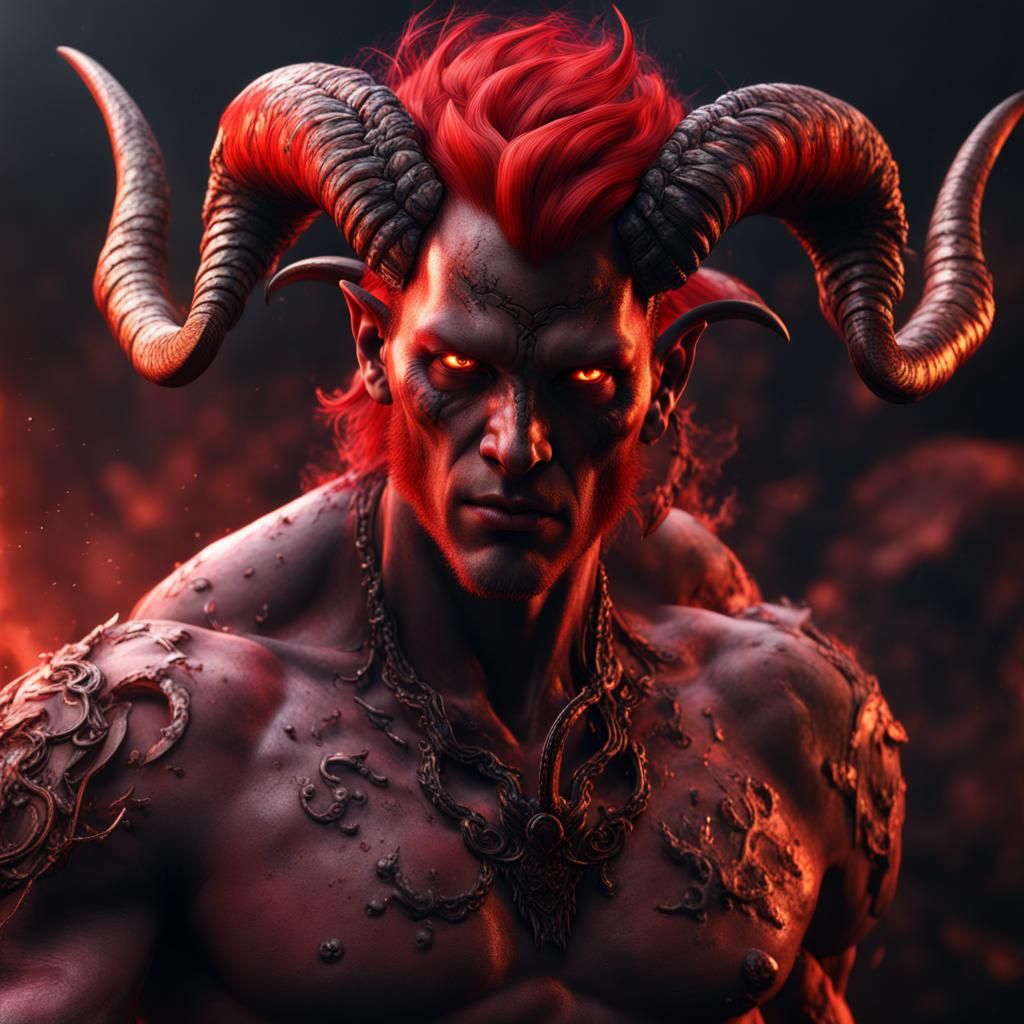 Detailed Red-Skinned Demon with Ram Horns