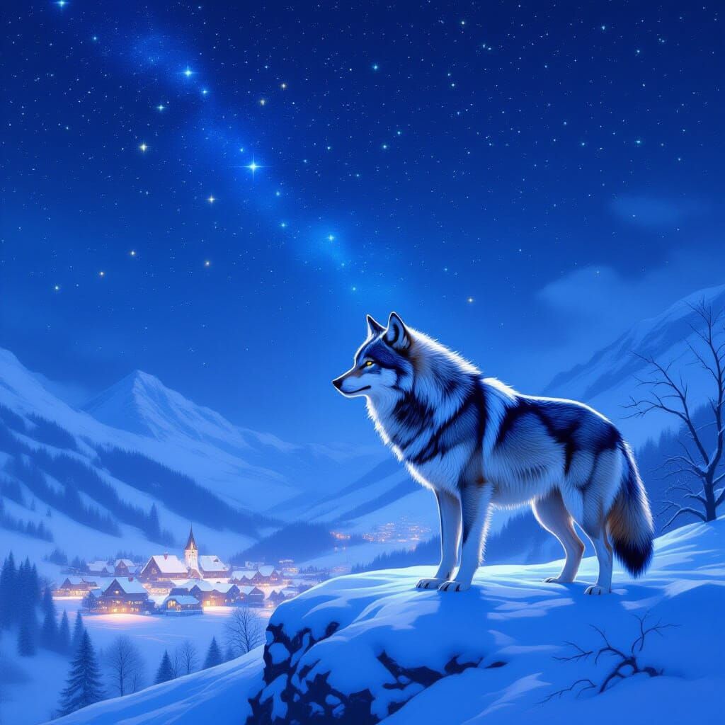Starry Wolf Over Frozen Village Concept Art