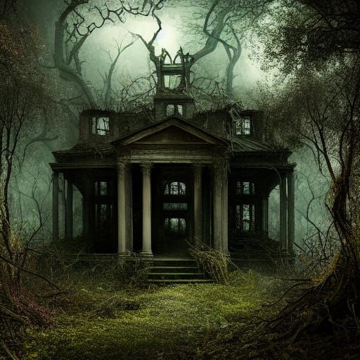 Apocalyptic Abandoned Place Overgrown in Autumnal Woods