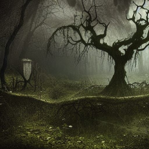 Apocalyptic Overgrown Ruins in Halloween Woods