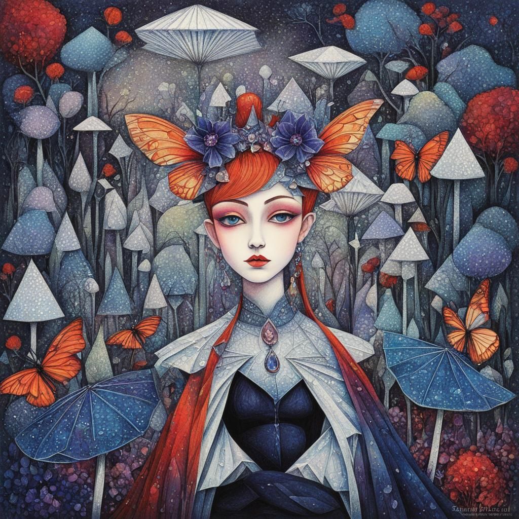 Cubist Fairy on Toadstool in Gothic Macro Photograph