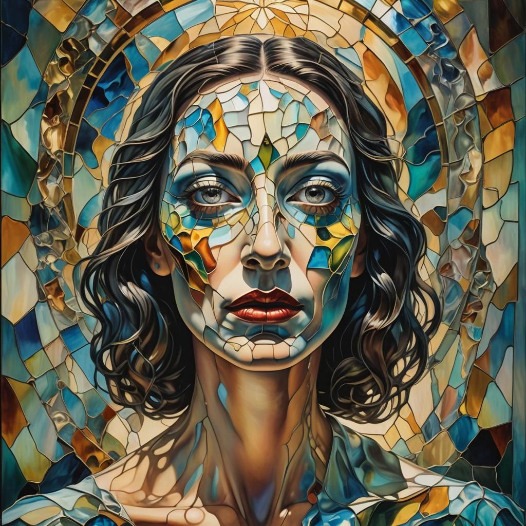 Shattered Mosaic: Surreal Woman in Iridescent Light