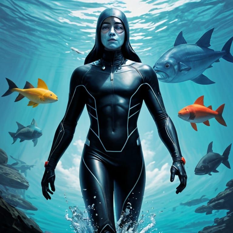 Surrealist Swimming Scene in Watercolor Style