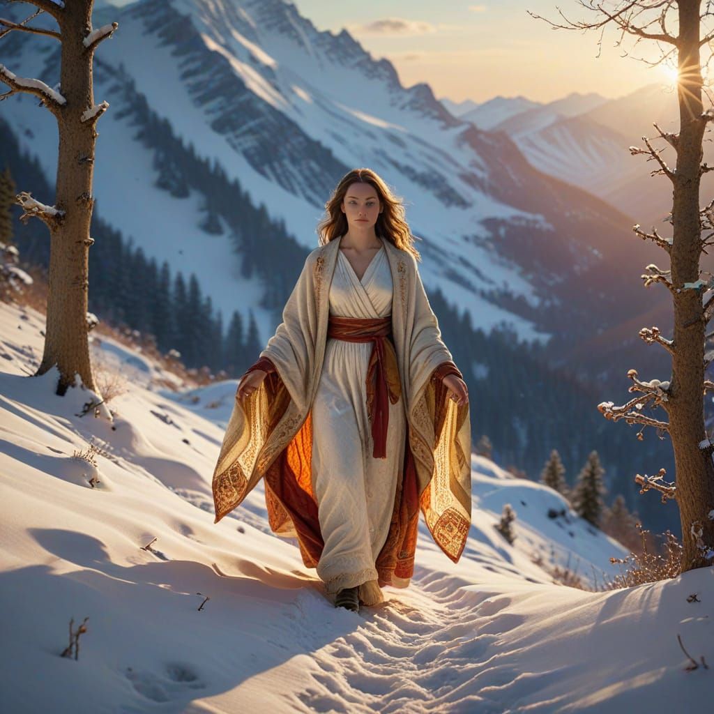 Spiritual Serenity: Woman and Divine Light on Snowy Mountain
