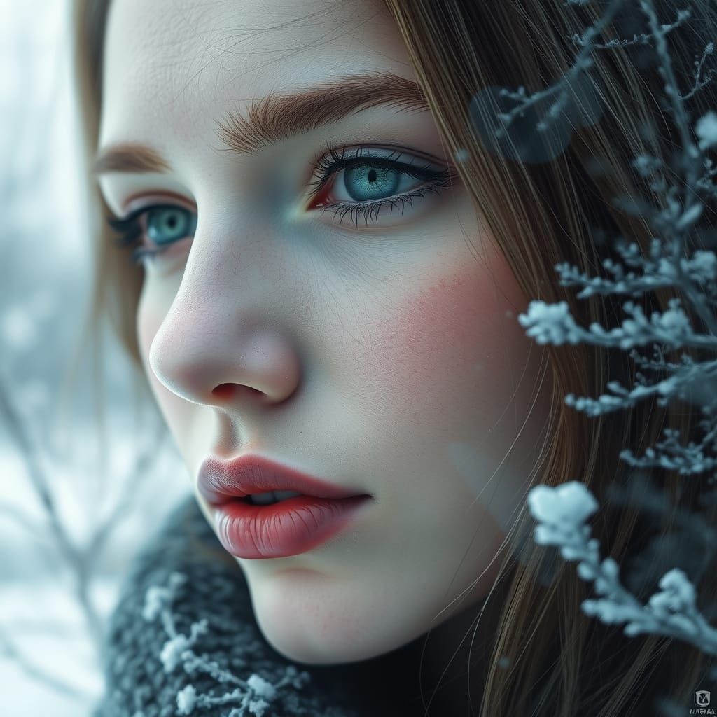 Surreal Portrait: Woman Merging with Winter Landscape