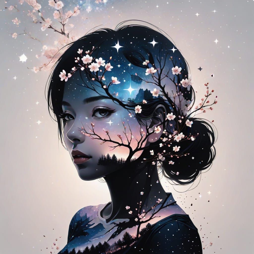 Cherry Blossom Landscape in Girl's Silhouette: Surreal Digit...
