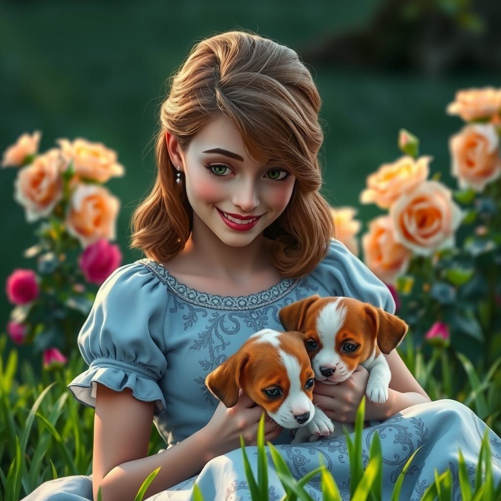 Wendy Darling Portrait with Puppies, Hyperdetailed Art