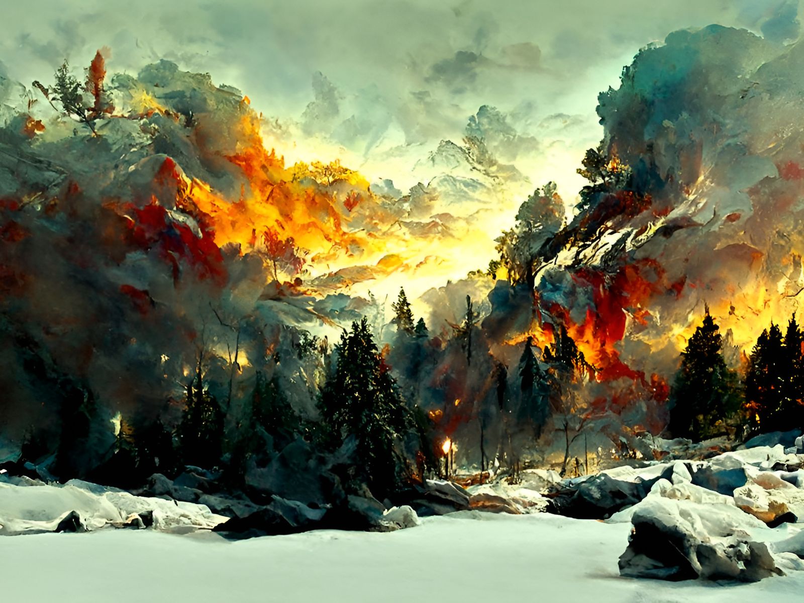 Fiery Winter: Forest Fire in Snow Mountains