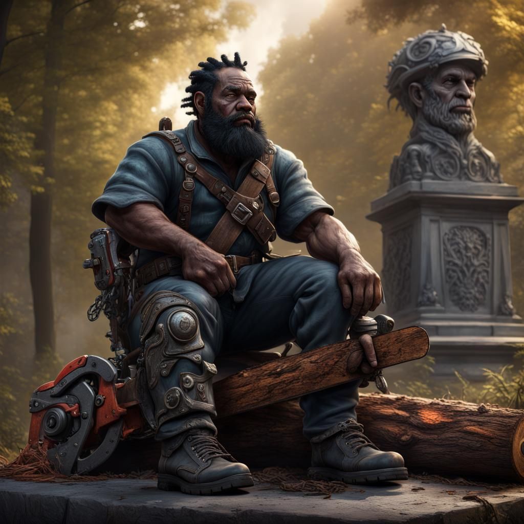 Bearded Dwarf with Chainsaw on Fallen Statue