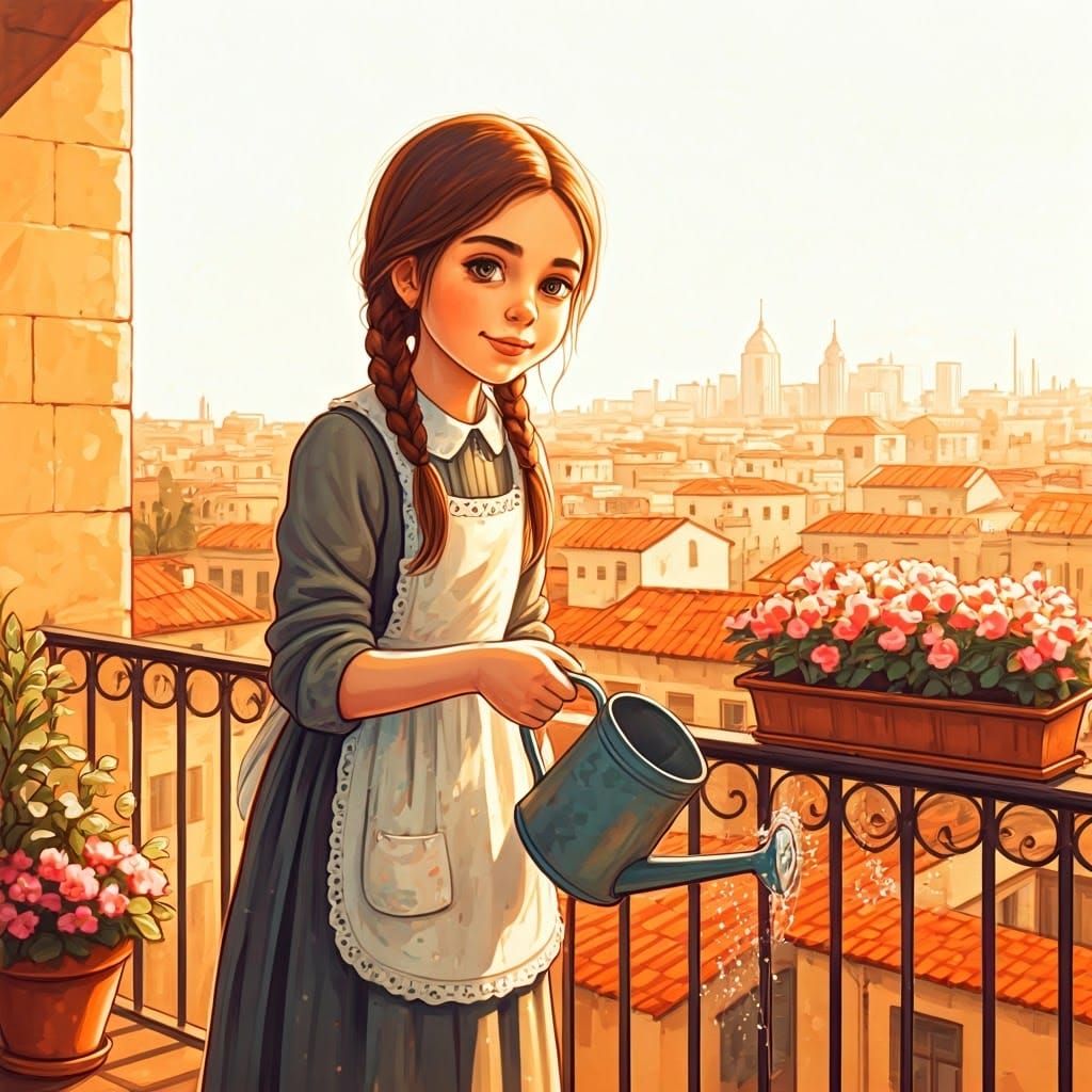 Sweet Haredi Girl Waters Flowers on Ornate Balcony