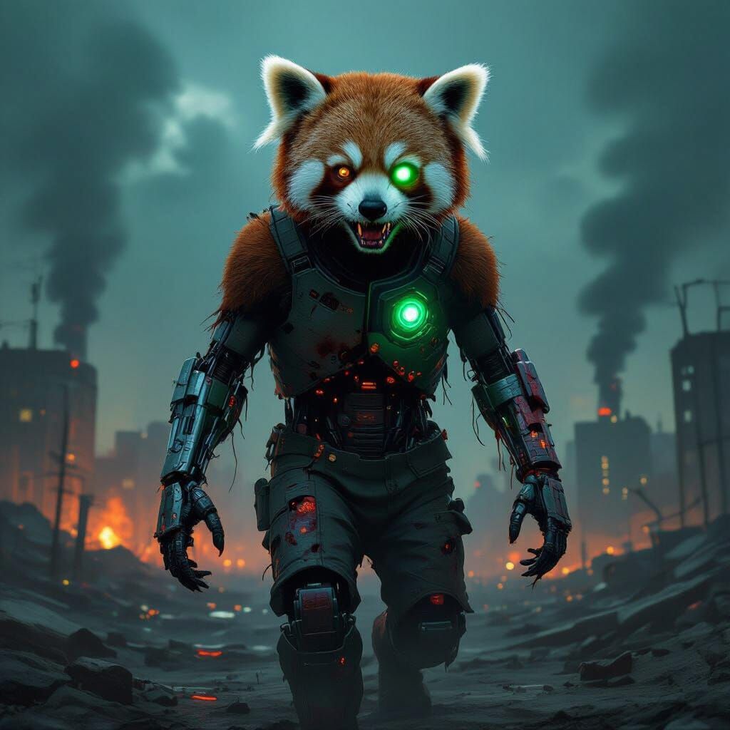 Cybernetic Zombie Red Panda in Apocalyptic City