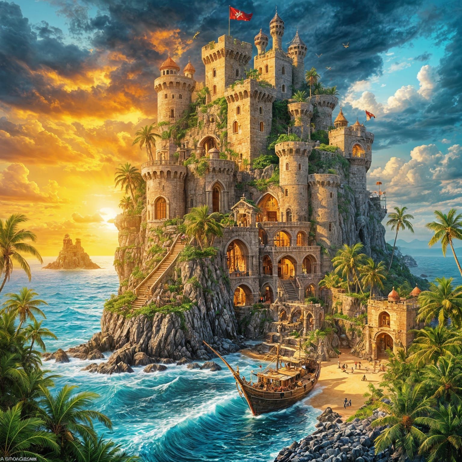 Pirate Fortress on Isolated Island, Stormy Skies, Golden Hou...