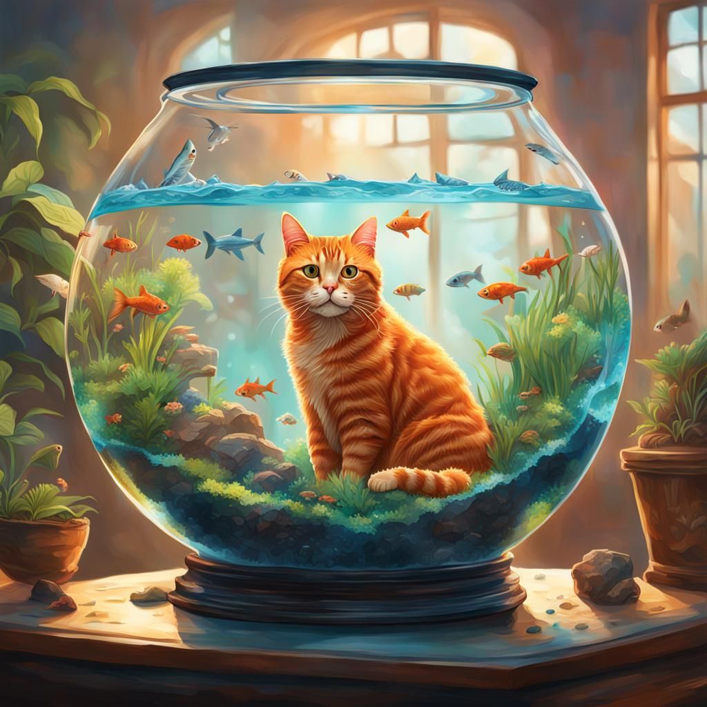 Hyperrealistic Cat Gazing at Fishbowl Terrarium