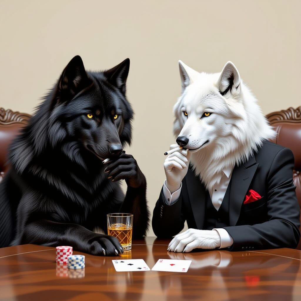Wolves Playing Cards in Suits: A Curious Scene