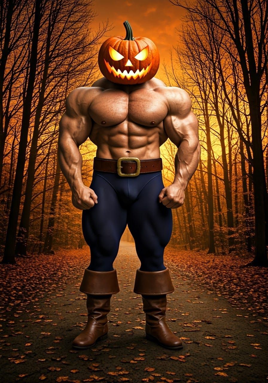 Hyper-Muscular Pumpkin Man in Spooky Forest