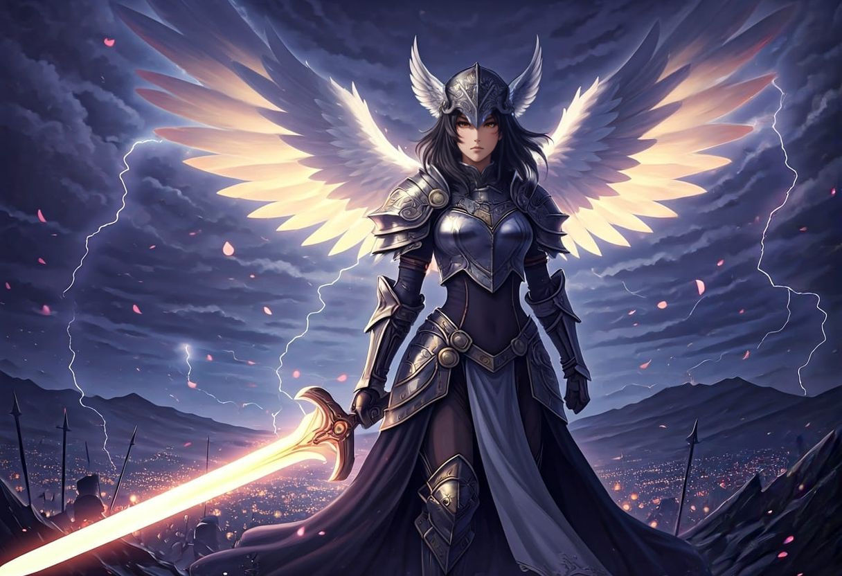 Fierce Anime Valkyrie with Glowing Sword and Wings