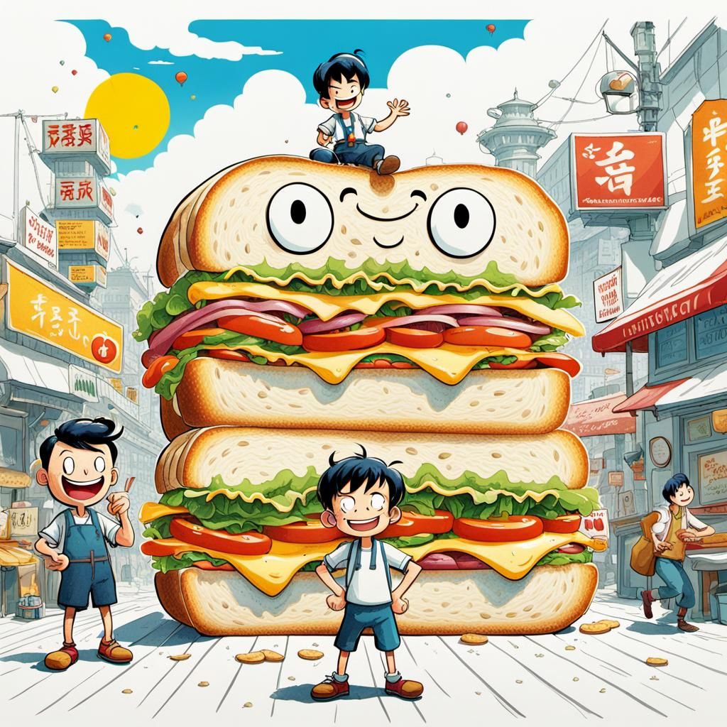 Gigantic Sandwich and Boy in Vibrant Cartoon Style