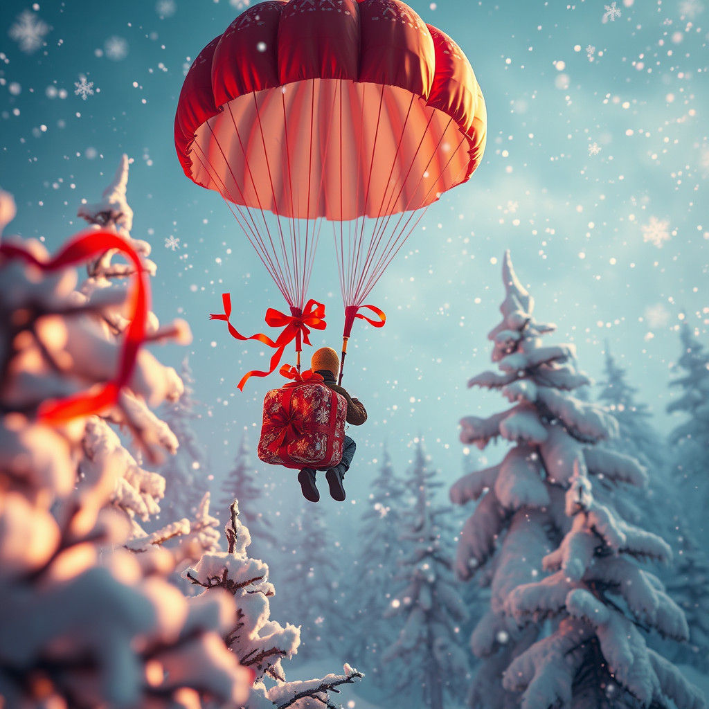 Parachutist Descends into Winter Wonderland with Gifts