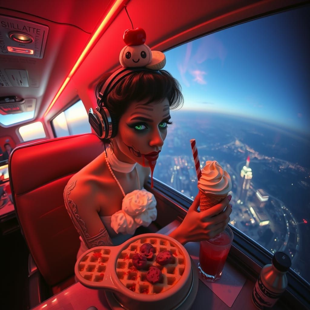 Vibrant Dawn Aerial Over NYC: Retrofuturistic Supermodel Jet