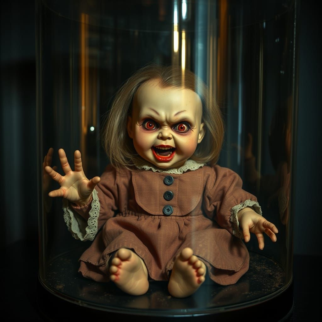 Horrifying Possessed Doll in Glass Case: Horror Style