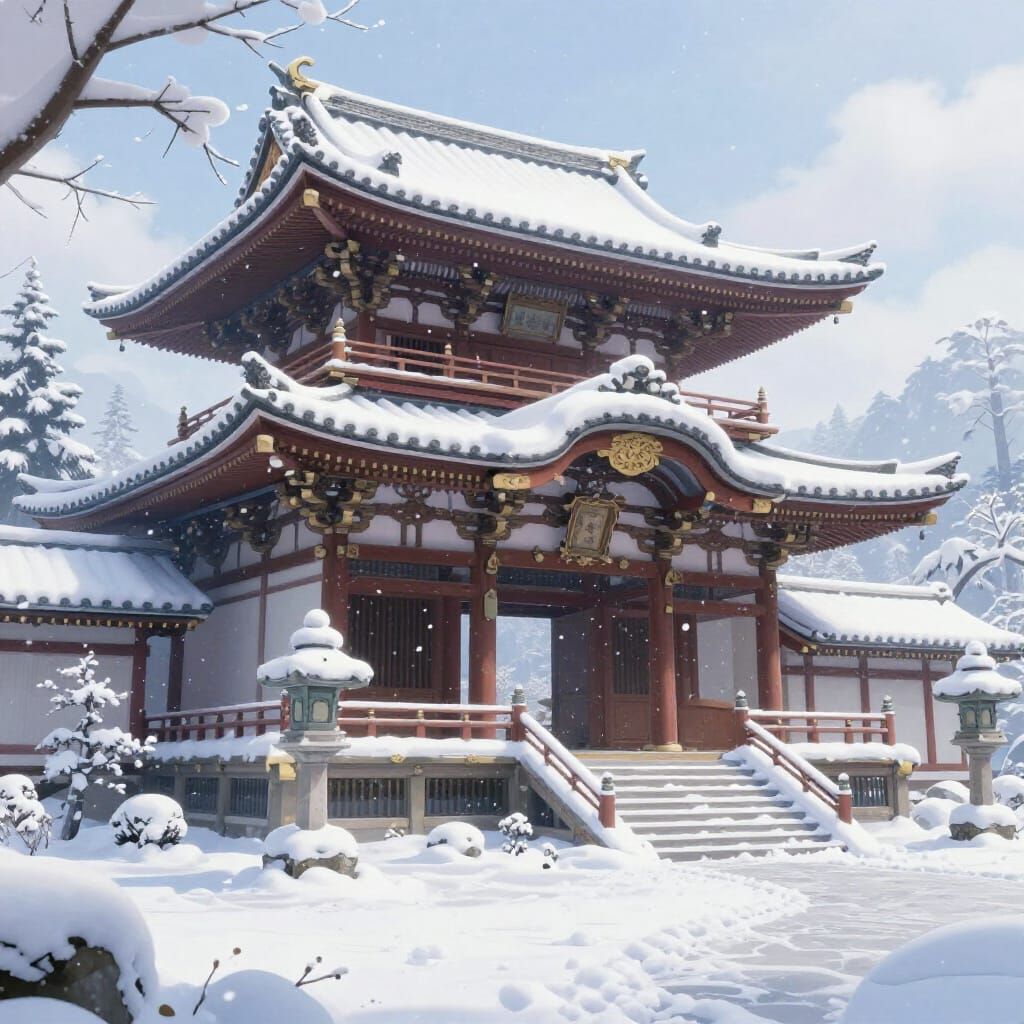 Serene Japanese Temple in Snowy Landscape