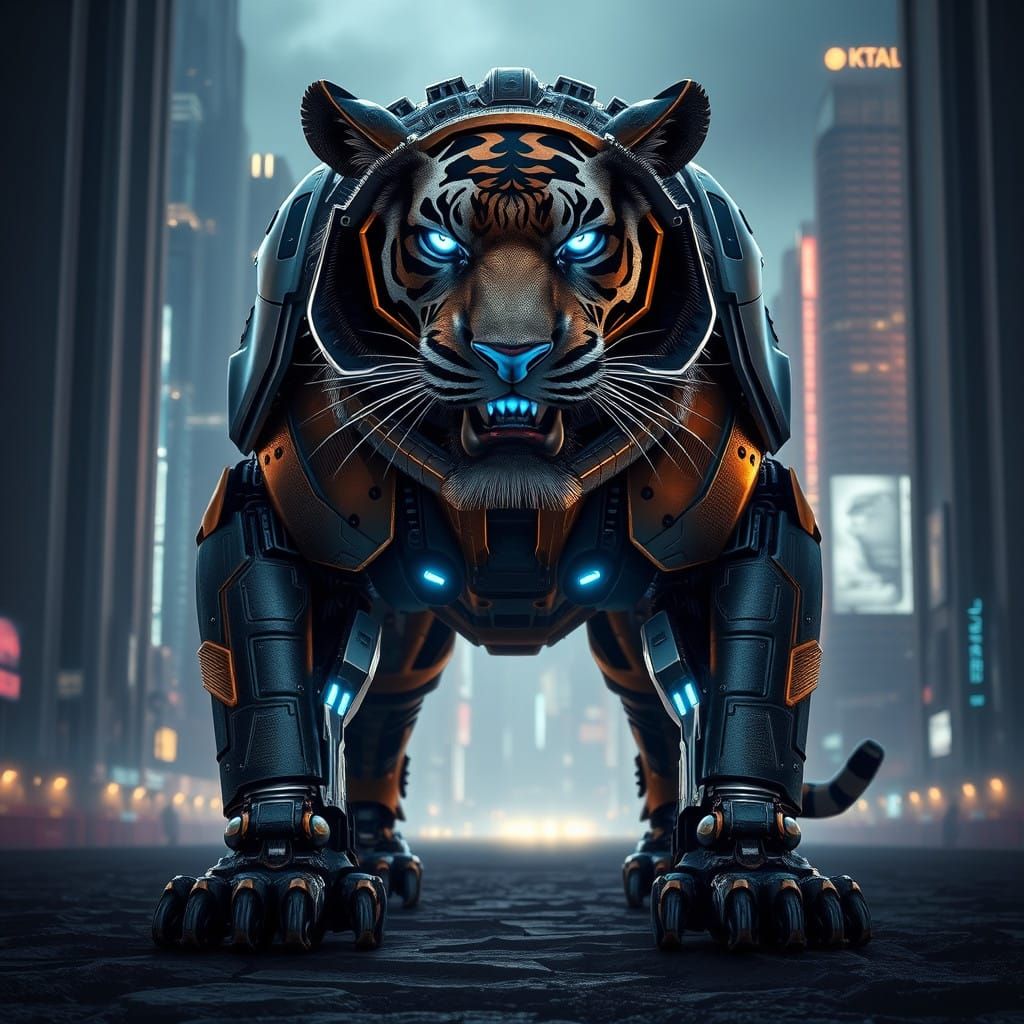 Glowing Blue Super Tiger in Futuristic Cityscape