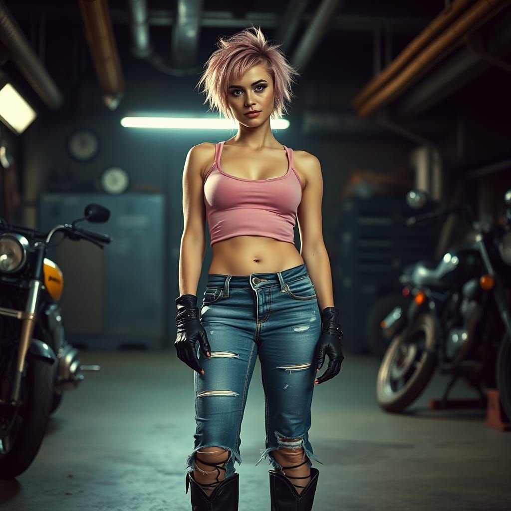 Rebellious Biker Chic in Moody, Cinematic Style
