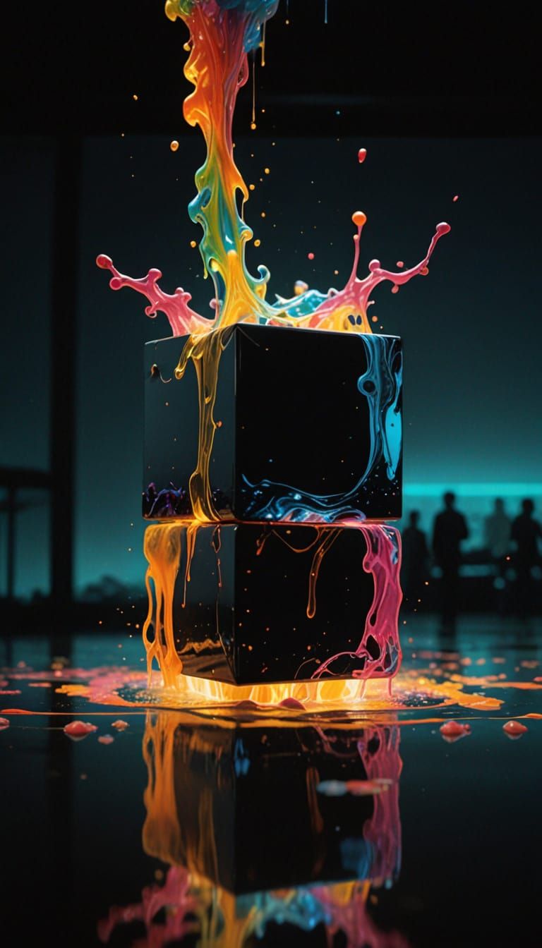 A Black Cube Radiates with Vibrant Rainbow Fluid