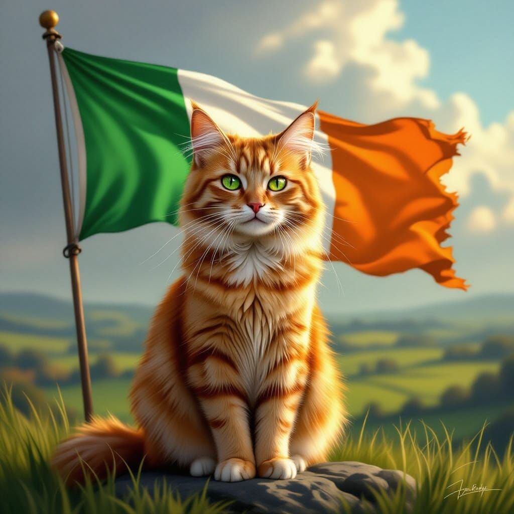 Regal Ginger Cat Beside Waving Irish Flag