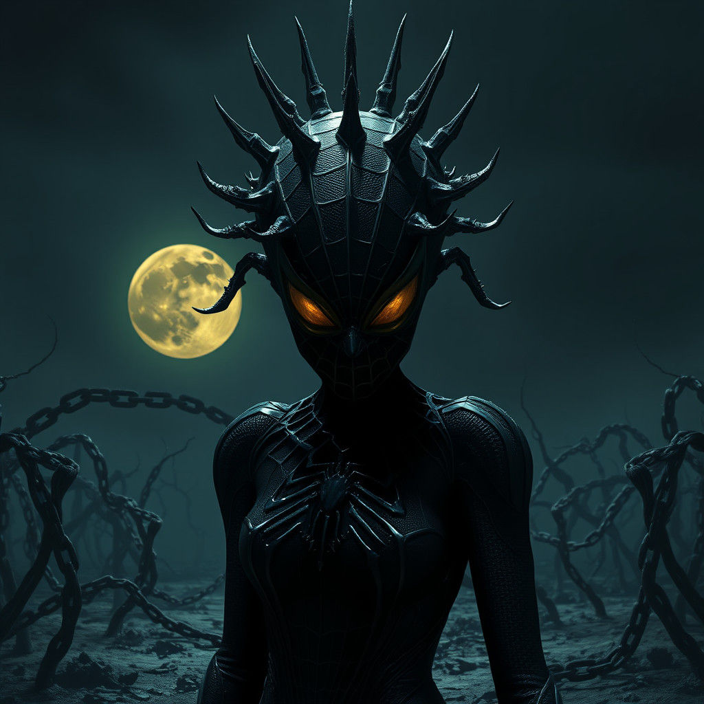 Gothic Spiderman as Pinhead in Dark Landscape