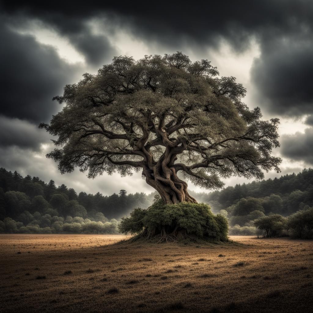 Hyperrealistic Tree in Clearing: Atmospheric HDR Photo