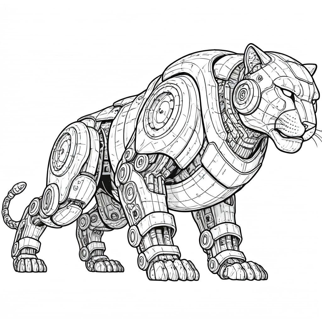 Intricate Line Drawing of a Mechanized Panther