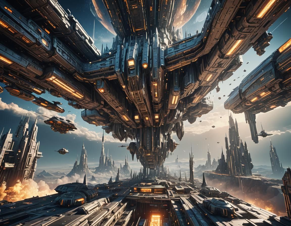 Futuristic Fortress with Spaceship in Sci-Fi Cityscape