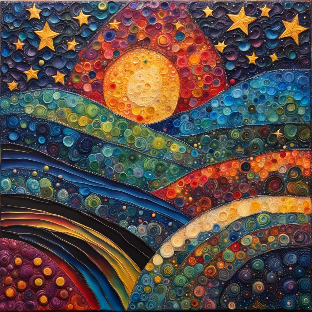 Encaustic Starry Night in Neo-Impressionistic Style