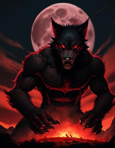 a man transforming into a werewolf under a giant red moonlight. Your skin is tearing. your eye are red, his claws start...