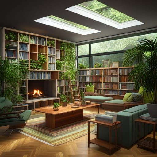 Mid-Century Living Room with Skylight, Digital Art