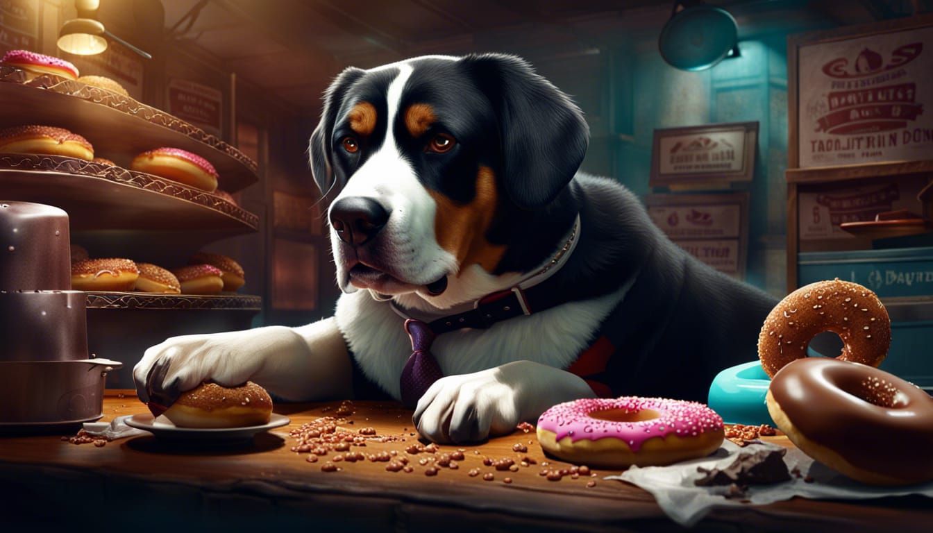 Swiss Mountain Dog Detective Inspecting Donut, Matte Paintin...