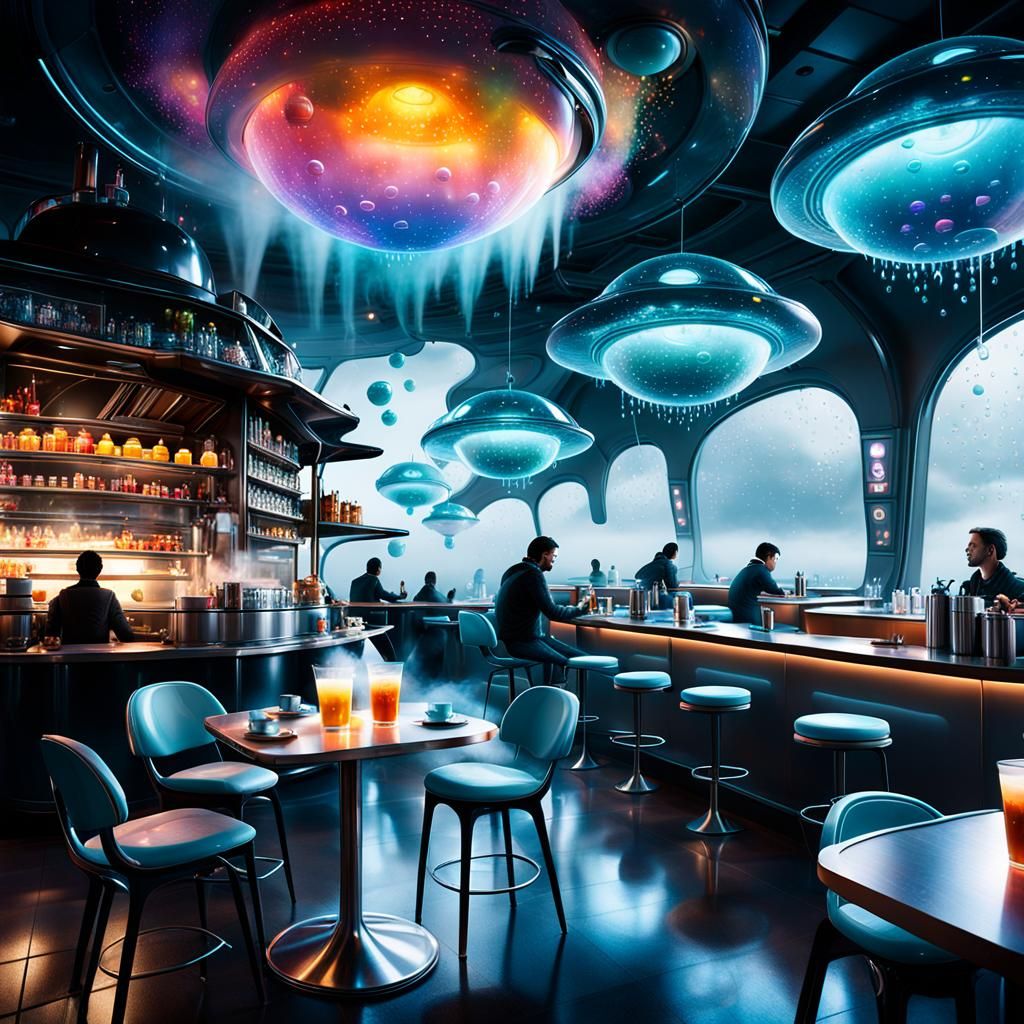Alien Cafe Scene with Floating Furniture, Oil Painting Style