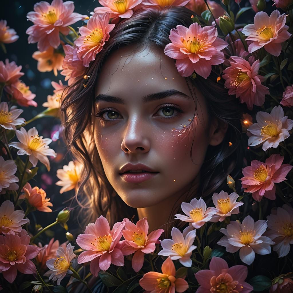 Floral Portrait of Girl in a Misty, Neon Garden