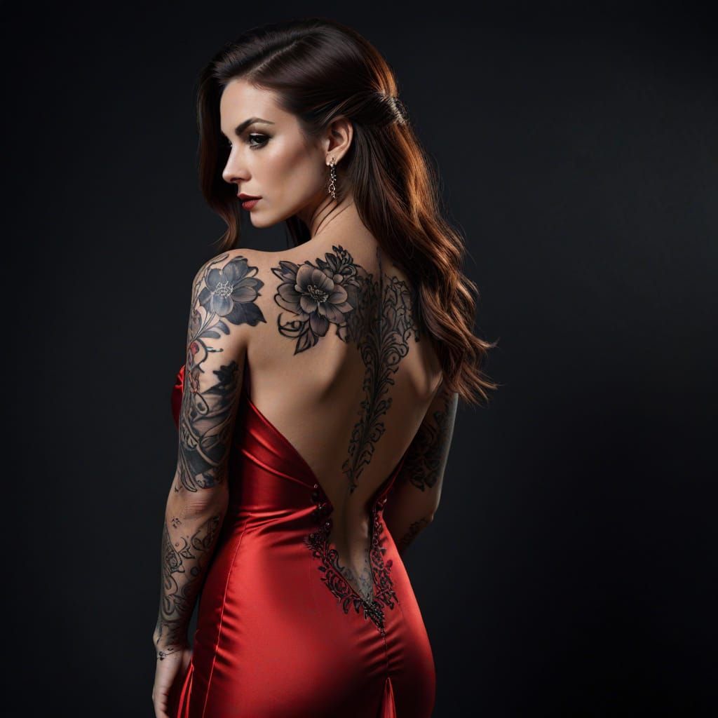 Tattooed Woman in Red Dress, Gothic Elegance