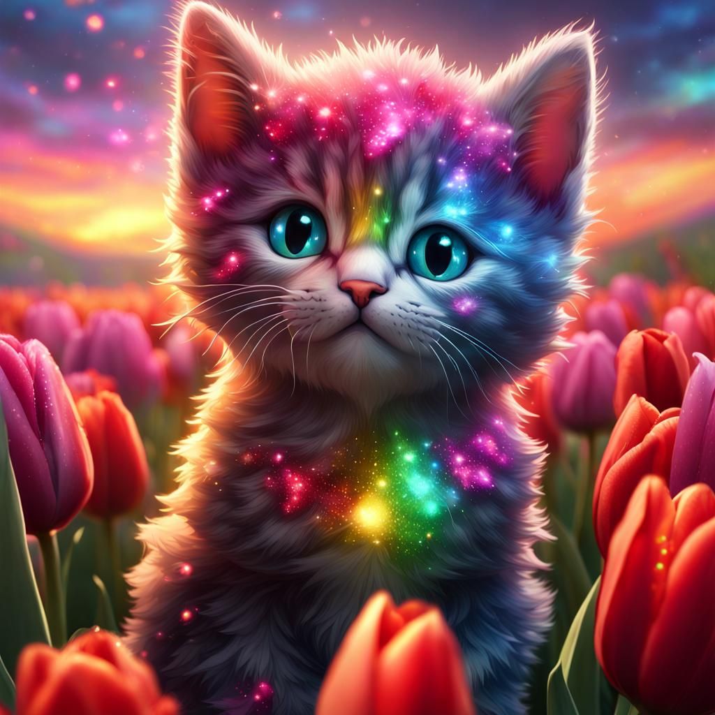 Rainbow Kitten and Volcano in Fantasy Art