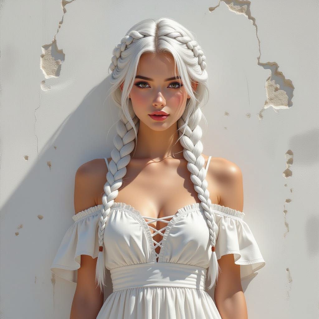 White-Clad Woman Blends into Textured Wall