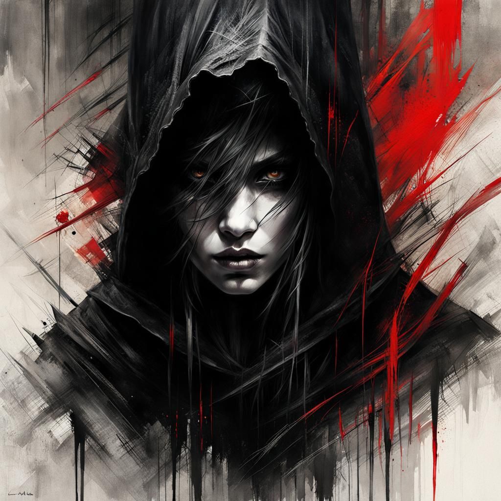 Sinister Black Hooded Witch in Digital Art Style