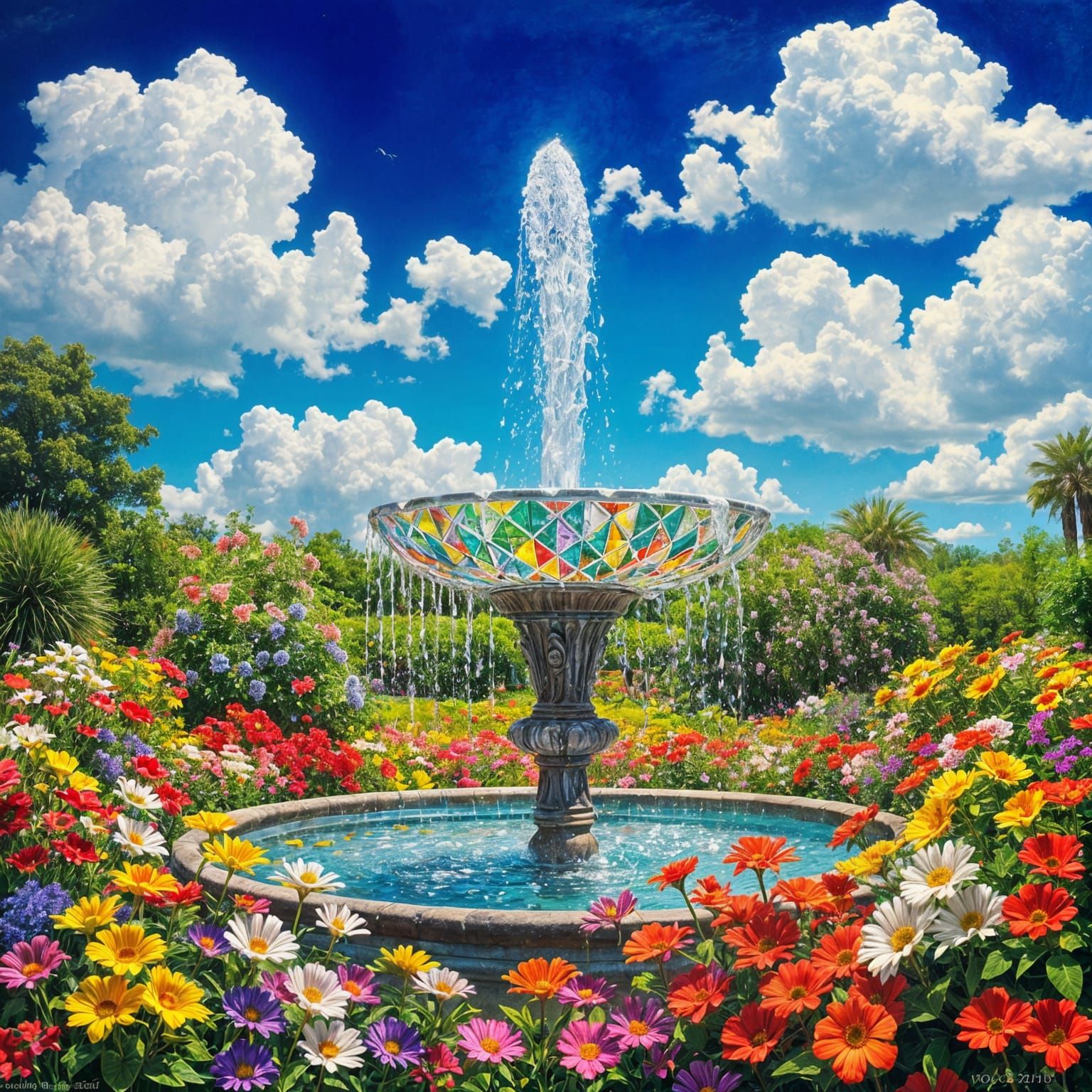 Crystal Fountain in Sunny Garden, Impasto Oil Painting