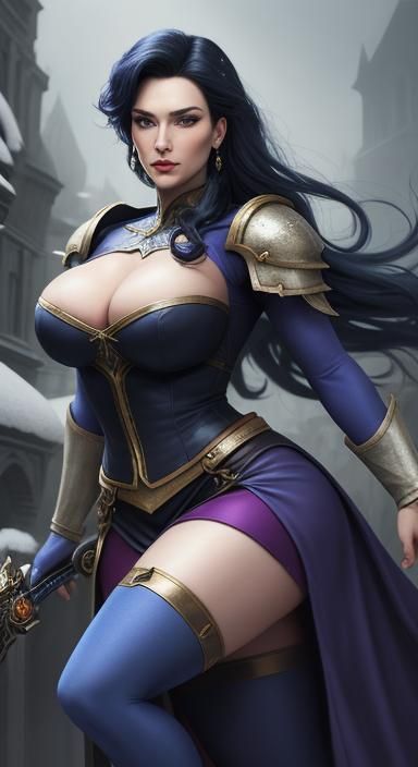 Snow White is dressed as a warhammer 40k character. Wild and hammery woman, athletic and muscular body in high heels wea...
