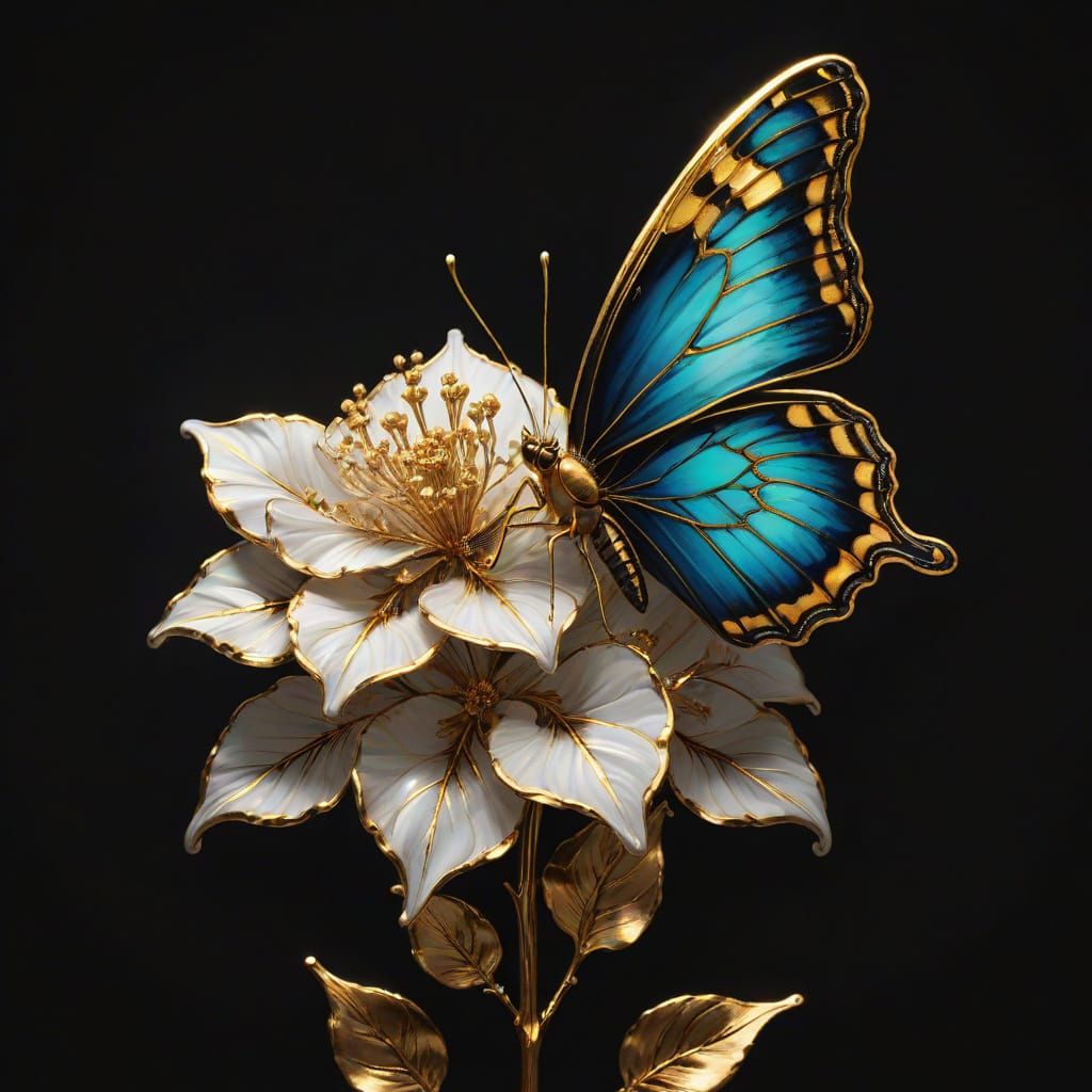 Theoretical Image Perfection butterfly, flower,  alcohol ink, gold outlines, chiaroscuro