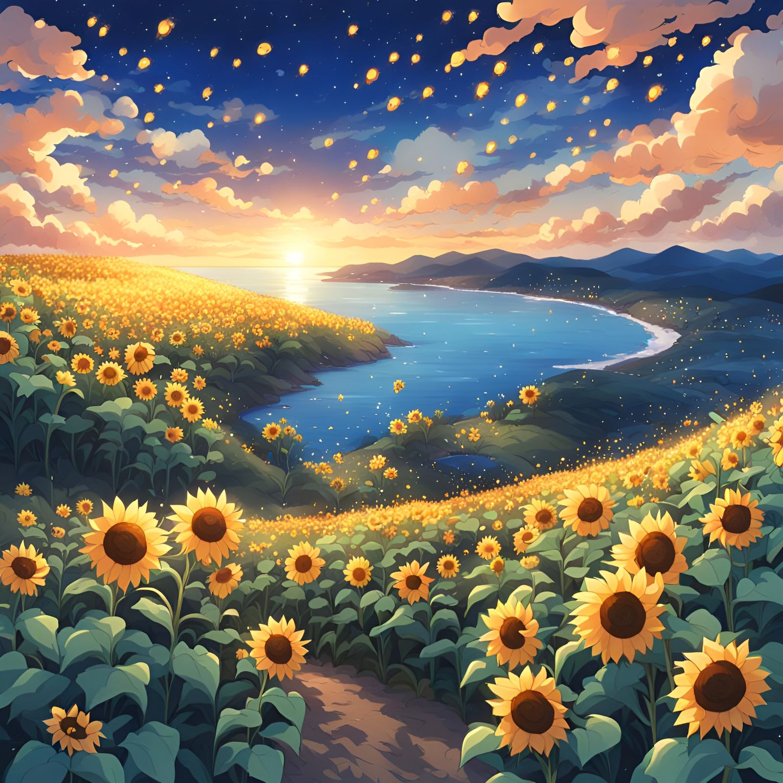 Anime Style Sunflower Field at Dusk