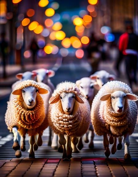 Knitted Sheep Running Wild: A Hyperrealistic Street Scene