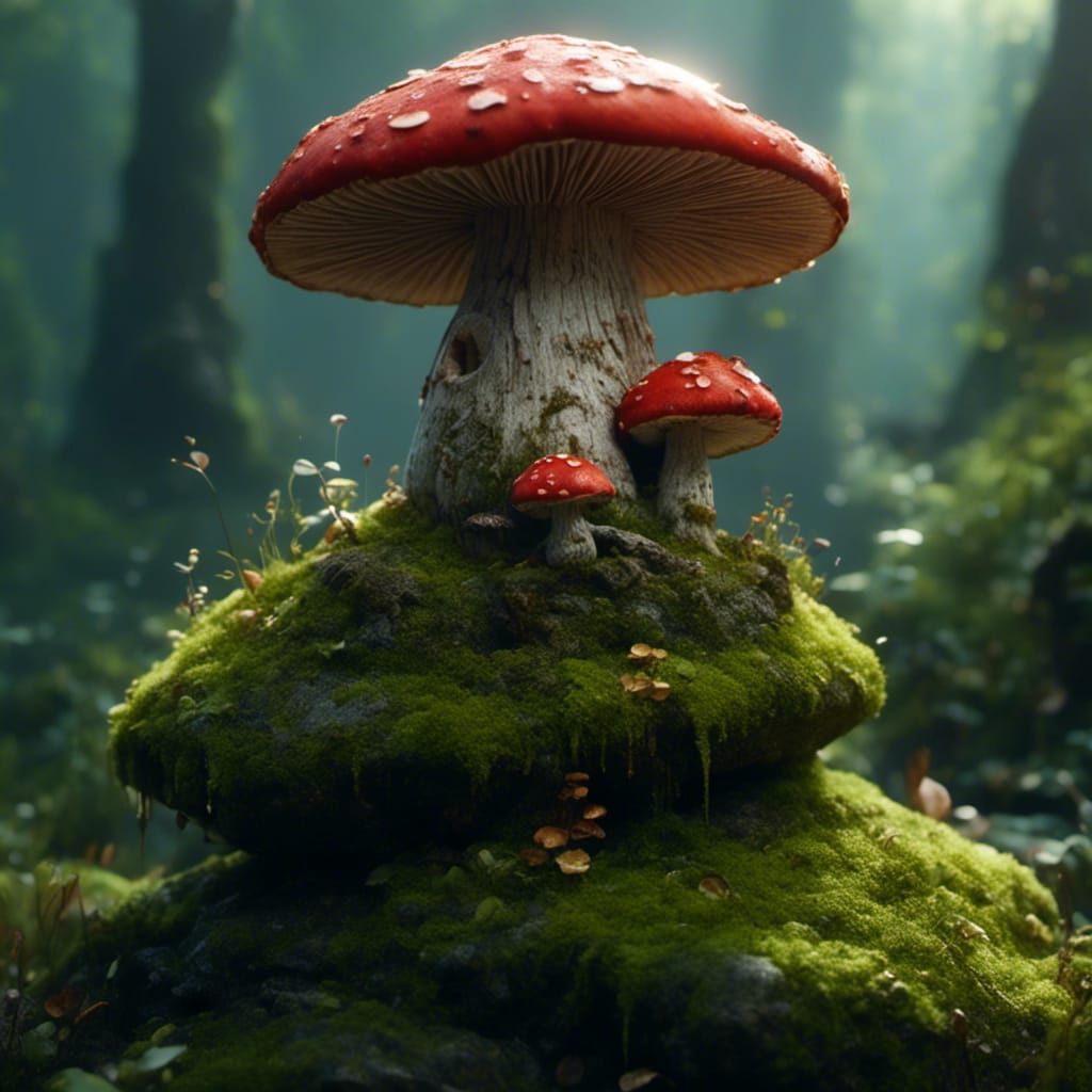 Mushroom Creature on Mossy Rock, Digital Art